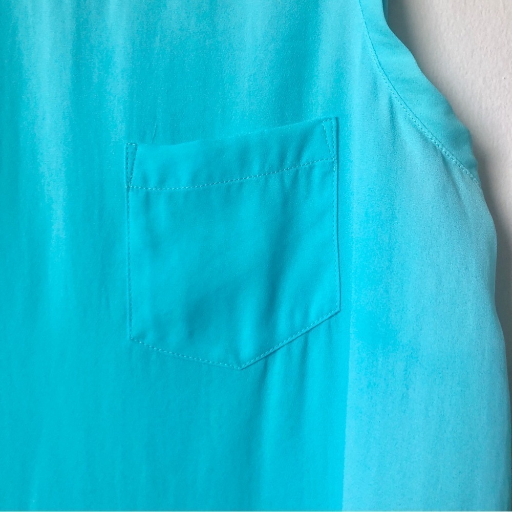 Sheer Turquoise Blue Sleeveless Blouse Crewneck Pocket Long Shirt Top Small S - Picture 2 of 5